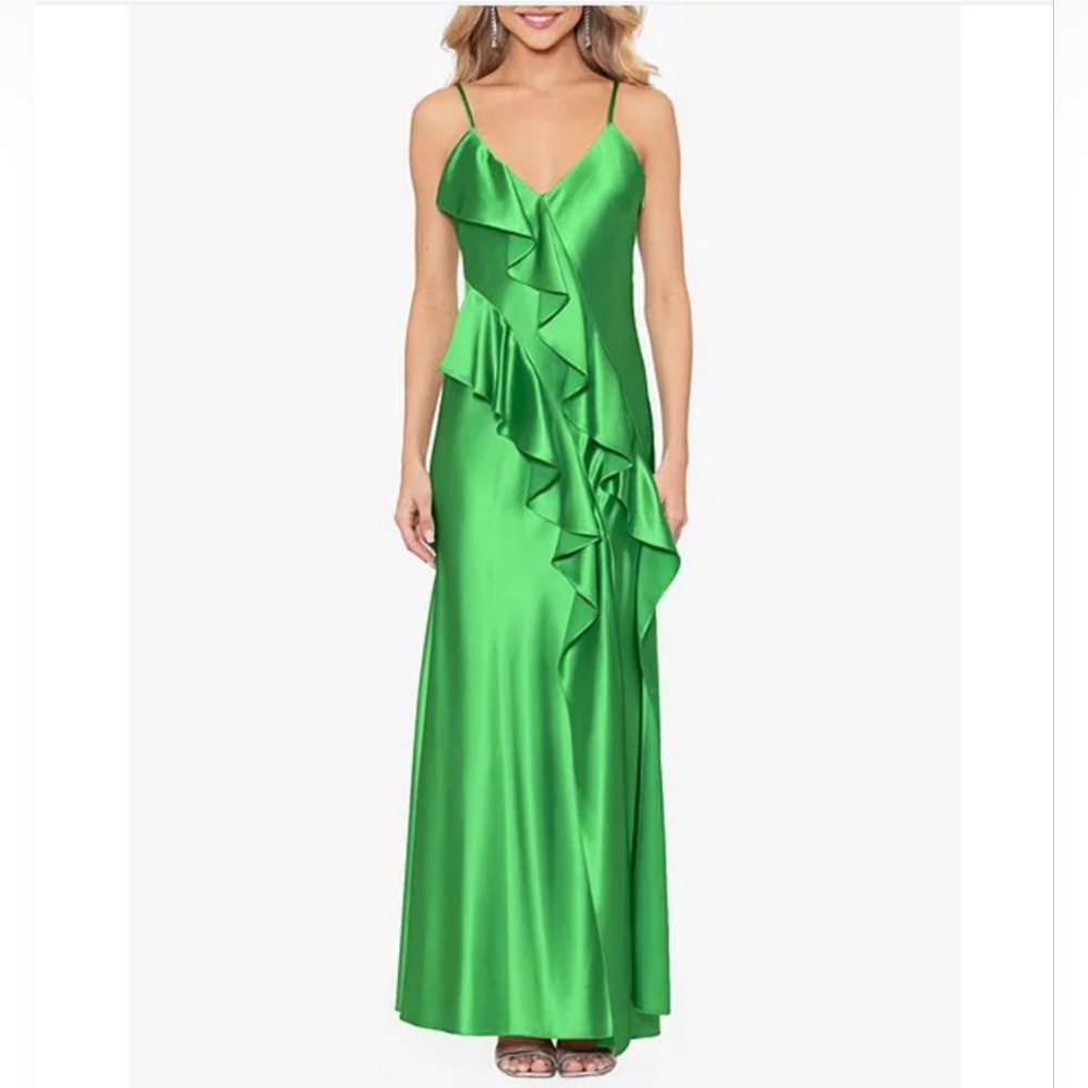 Betsy & Adam V Neckline Sleeveless Cascading Ruffle Gown